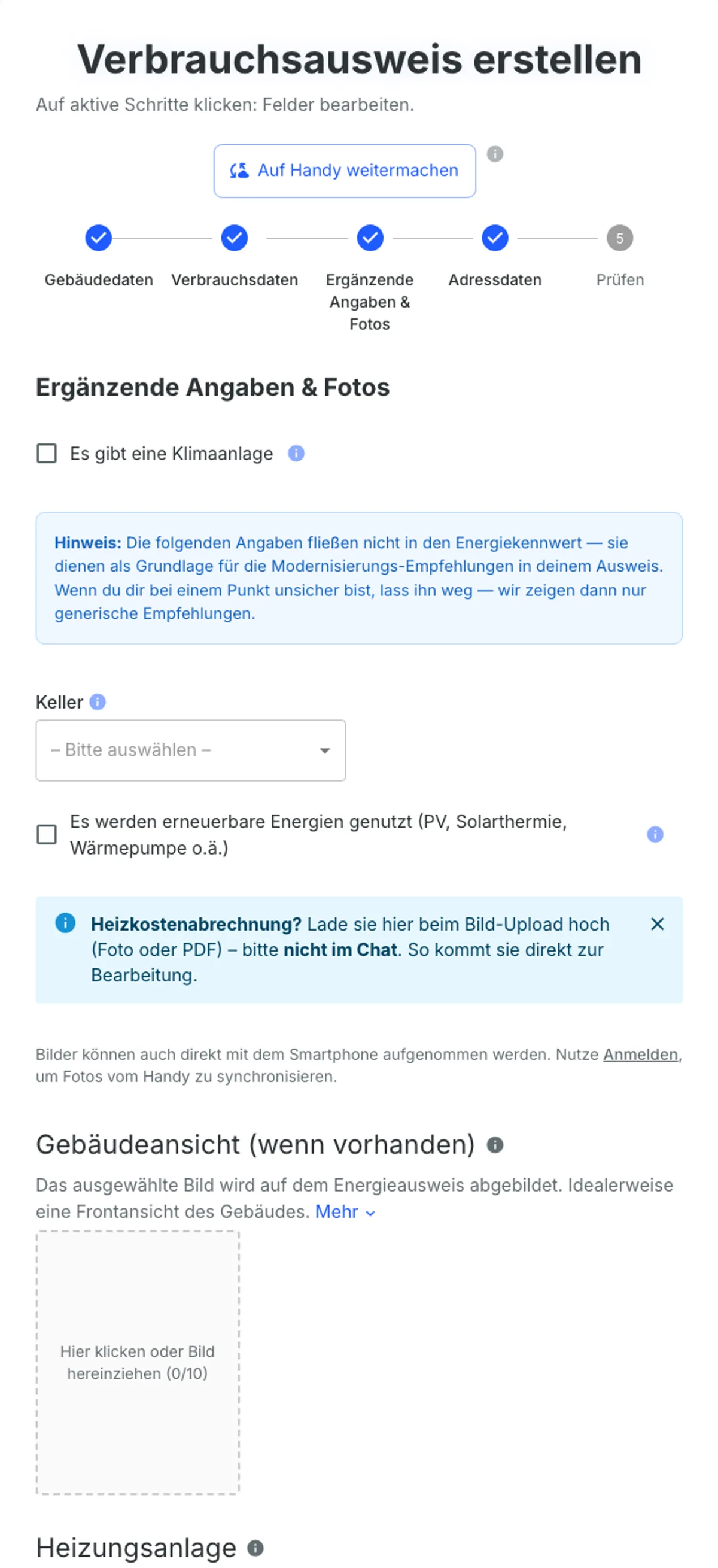 Schritt 3 des Formulars: Klimaanlage, Keller, erneuerbare Energien und Foto-Felder für Gebäudeansicht und Heizungsanlage — alles optional