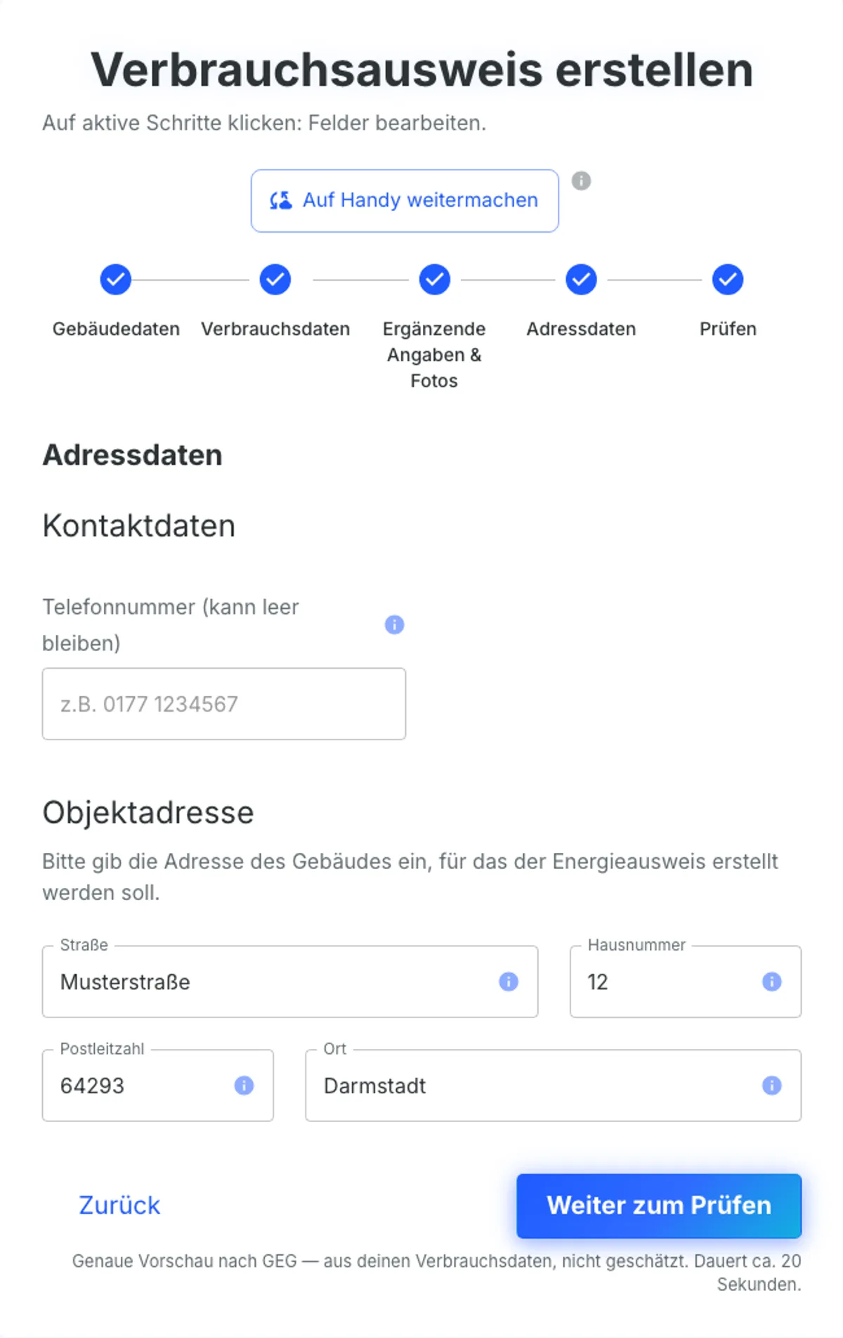 Schritt 4 des Formulars: Straße, Hausnummer, Postleitzahl und Ort des Gebäudes, dazu eine optionale Telefonnummer
